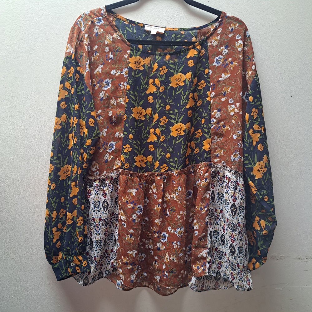 ODDI Womens Mixed Floral Patchwork Peplum Blouse Navy Rust IT12825 Large